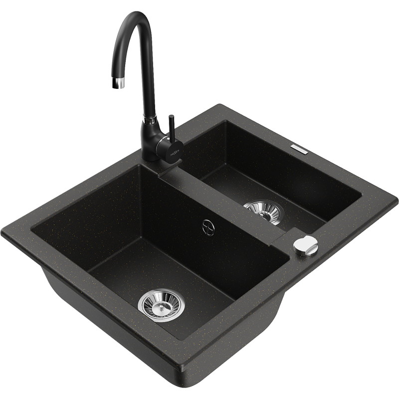 Mexen Carlos chiuvetă de granit 1,5 camere cu robinet de bucătărie Telma, negru/auriu metalizat - 6518-75-670200-70