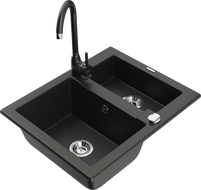 Mexen Carlos gránit 1,5-medencés mosogató Telma konyhai csapteleppel, fekete/arany metál - 6518-75-670200-70