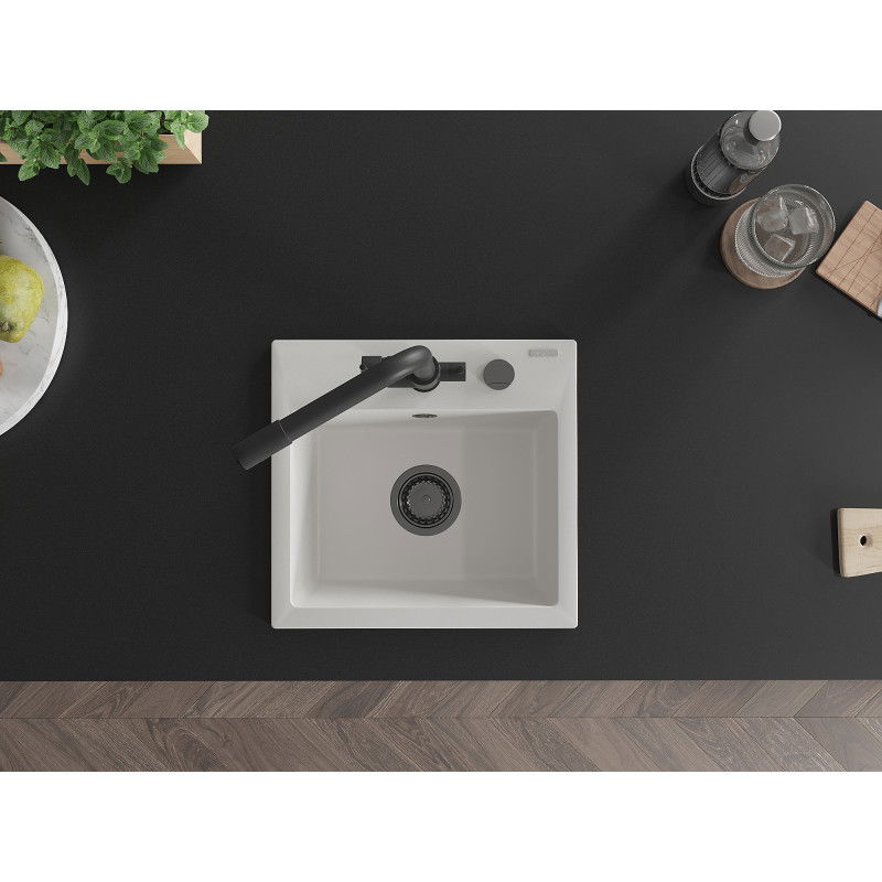 Mexen Milo chiuvetă de granit cu 1 compartiment cu baterie de bucătărie Duero, alb - 6505-20-671600-70