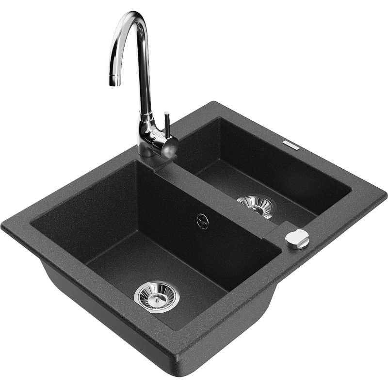 Mexen Carlos 1,5-medencés gránit mosogató Telma konyhai csapteleppel, fekete pettyes - 6518-76-670200-00