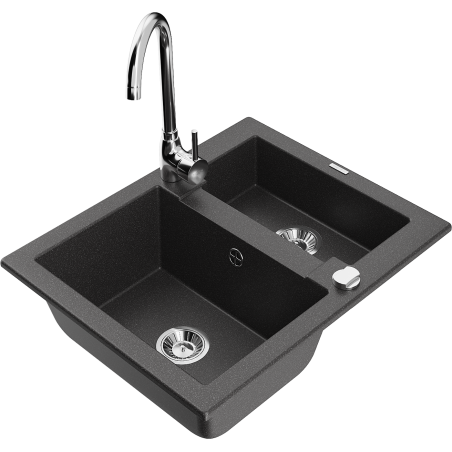 Mexen Carlos 1,5-medencés gránit mosogató Telma konyhai csapteleppel, fekete pettyes - 6518-76-670200-00