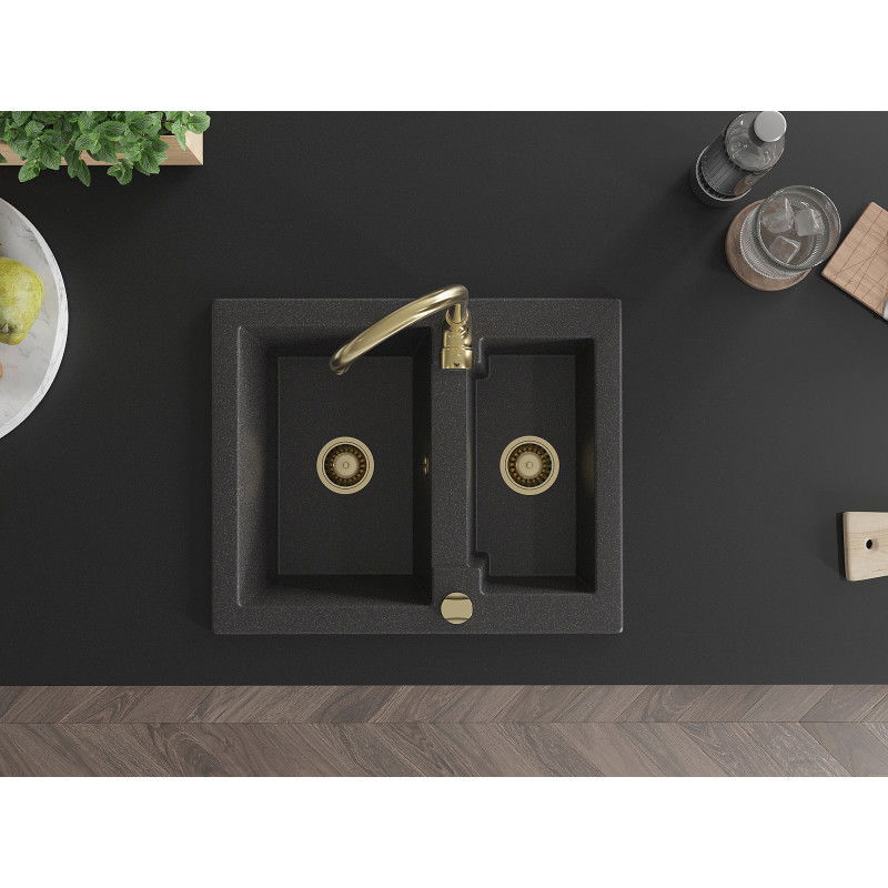 Mexen Carlos 1,5-medencés gránit mosogató Telma konyhai csapteleppel, fekete pöttyös - 6518-76-670200-50