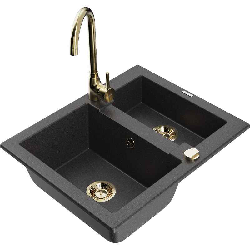 Mexen Carlos 1,5-medencés gránit mosogató Telma konyhai csapteleppel, fekete pöttyös - 6518-76-670200-50