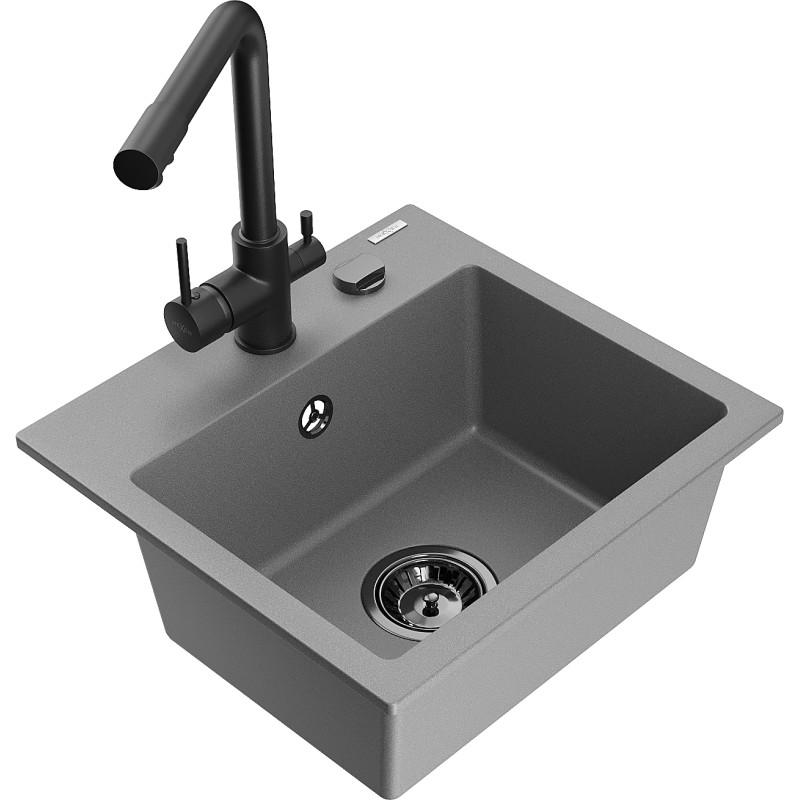 Mexen Milo chiuvetă de granit cu 1 cuvă cu baterie de bucătărie Duero, gri - 6505-71-671600-70-B