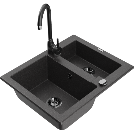 Mexen Carlos gránit 1,5 medencés mosogatótálca Telma konyhai csapteleppel, fekete pöttyös - 6518-76-670200-70-B