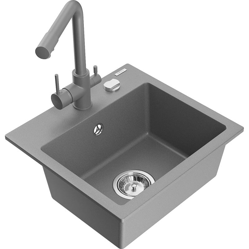Mexen Milo chiuvetă de bucătărie din granit cu 1 compartiment și baterie Duero, gri - 6505-71-671600-71
