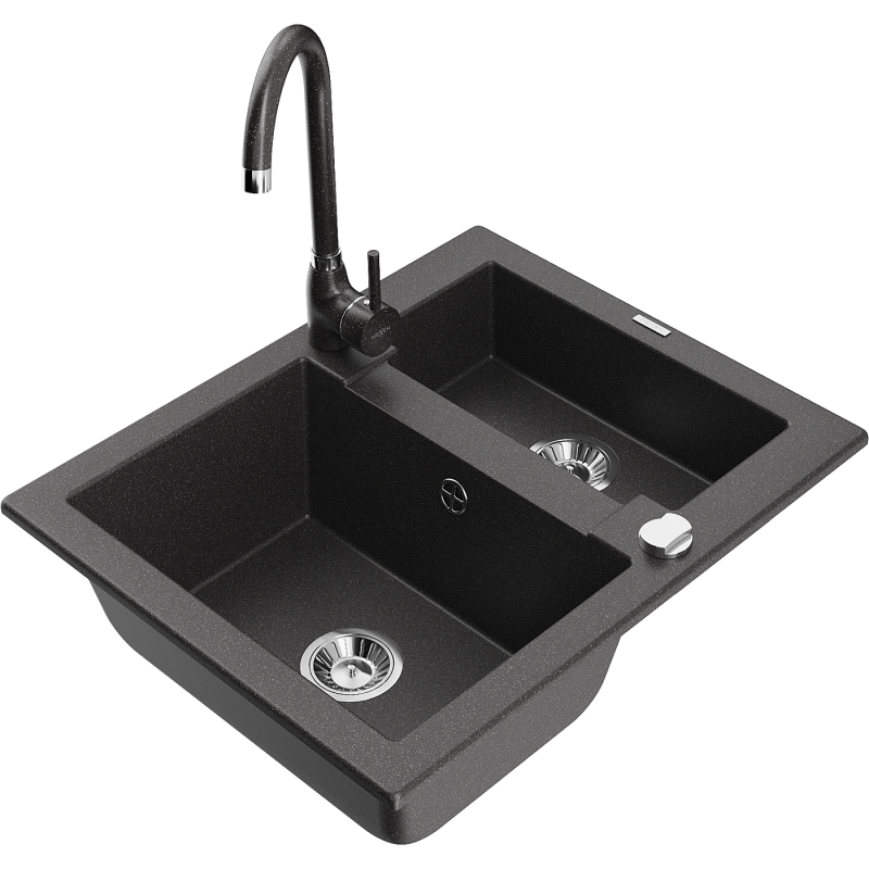 Mexen Carlos 1,5 rekeszes gránit mosogató Telma konyhai csapteleppel, fekete foltos - 6518-76-670200-76