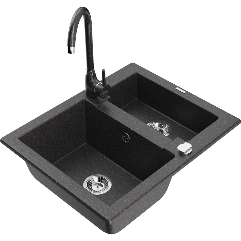 Mexen Carlos chiuvetă de granit cu 1,5 compartimente și baterie de bucătărie Telma, negru cu pete - 6518-76-670200-76