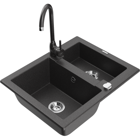 Mexen Carlos 1,5 rekeszes gránit mosogató Telma konyhai csapteleppel, fekete foltos - 6518-76-670200-76