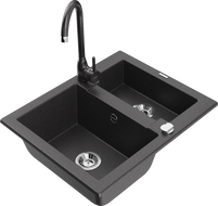 Mexen Carlos chiuvetă din granit cu 1,5 compartimente și baterie de bucătărie Telma, negru stropit - 6518-76-670200-76