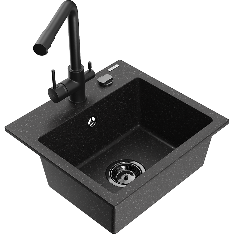 Mexen Milo chiuvetă din granit cu 1 compartiment și baterie de bucătărie Duero, negru/auriu metalizat - 6505-75-671600-70-B