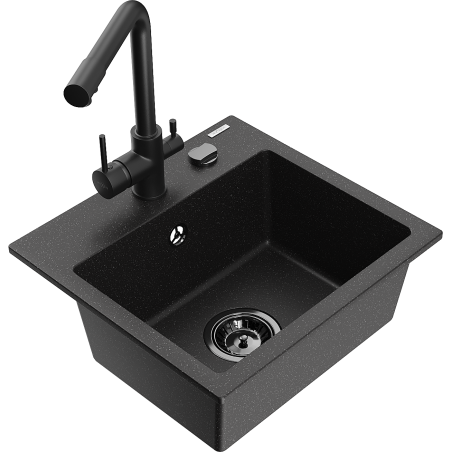 Mexen Milo chiuvetă din granit cu 1 compartiment și baterie de bucătărie Duero, negru/auriu metalizat - 6505-75-671600-70-B