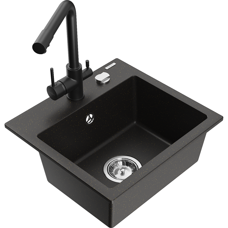 Mexen Milo chiuvetă de granit cu 1 cuvă cu baterie de bucătărie Duero, negru/metalic auriu - 6505-75-671600-70