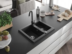Mexen Carlos chiuvetă de granit cu 1,5 compartimente cu baterie de bucătărie Telma, negru - 6518-77-670200-70