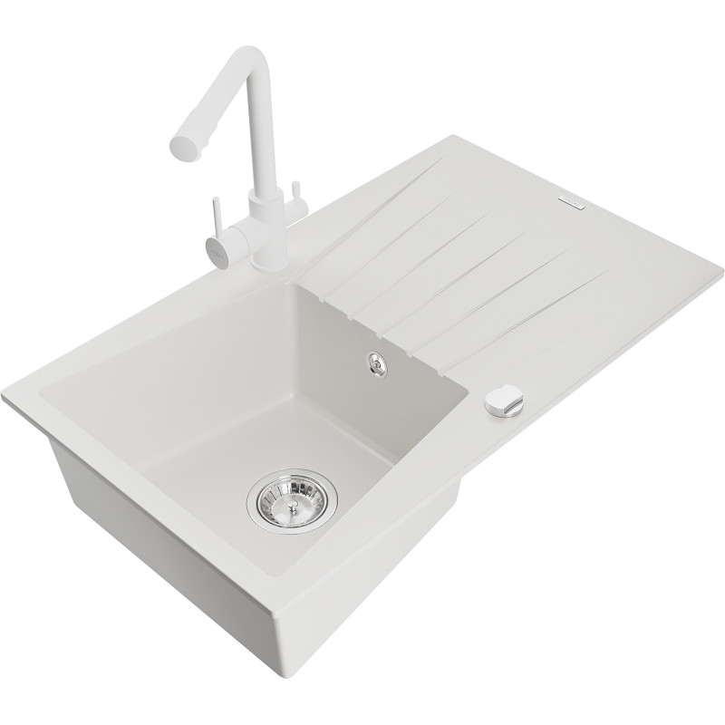 Mexen Cesar chiuvetă de granit cu 1 bazin cu scurgător și baterie de bucătărie Duero, albă - 6514-20-671600-20
