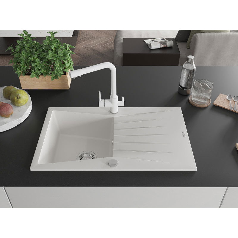 Mexen Cesar 1 rekeszes gránit mosogató csepegtetővel és Duero konyhai csapteleppel, fehér - 6514-20-671600-20