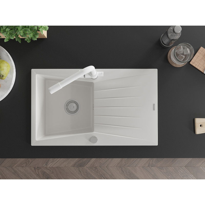 Mexen Cesar chiuvetă de granit cu o singură cuvă, cu scurgător și robinet de bucătărie Duero, alb - 6514-20-671600-20