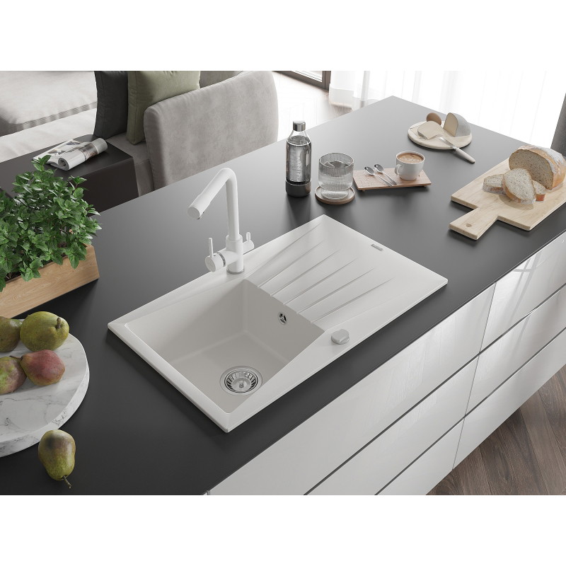 Mexen Cesar chiuvetă de granit cu 1 bazin cu scurgător și baterie de bucătărie Duero, albă - 6514-20-671600-20