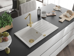 Mexen Cesar egymedencés gránit mosogató csepegtetővel és Duero konyhai csapteleppel, fehér - 6514-20-671600-50