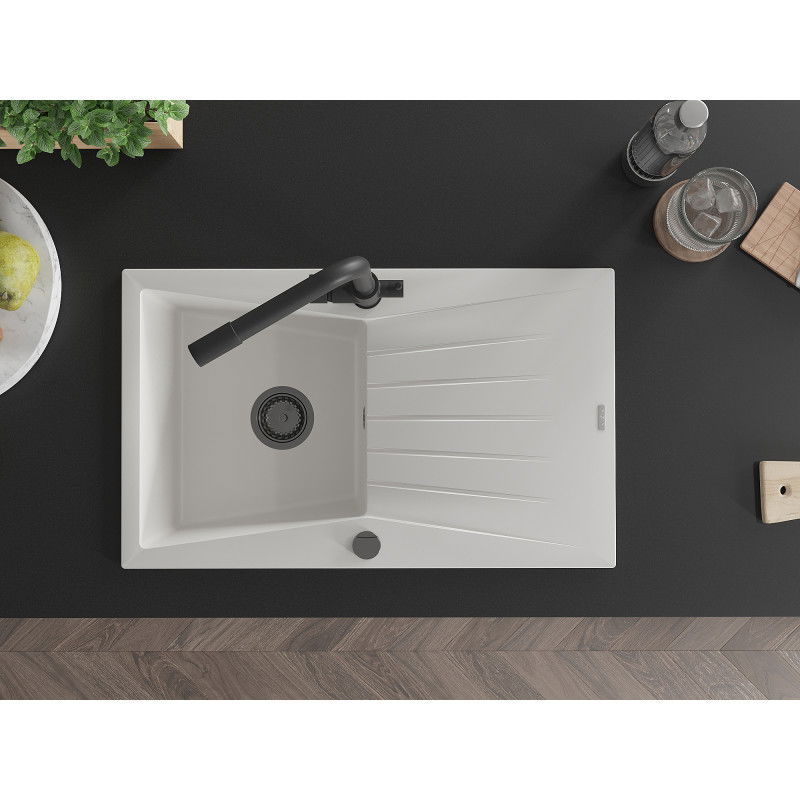Mexen Cesar egymedencés gránit mosogató csepegtetővel és Duero konyhai csapteleppel, fehér - 6514-20-671600-70