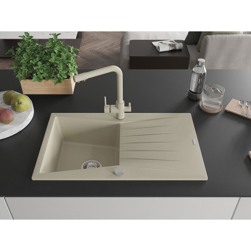 Mexen Cesar chiuvetă de granit cu 1 cameră și scurgător și baterie de bucătărie Duero, bej - 6514-69-671600-69
