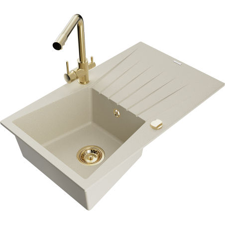 Mexen Cesar egymedencés gránit mosogató csepegtetővel és Duero konyhai csapteleppel, bézs - 6514-69-671600-50