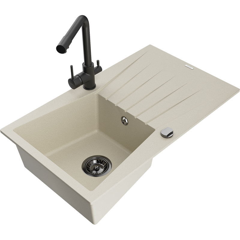Mexen Cesar 1-medencés gránit mosogató csepegtetővel és Duero konyhai csappal, bézs - 6514-69-671600-70