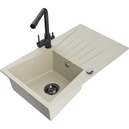 Mexen Cesar 1-medencés gránit mosogató csepegtetővel és Duero konyhai csappal, bézs - 6514-69-671600-70