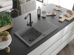 Mexen Cesar egykamrás gránit mosogató csepegtetővel és Duero konyhai csapteleppel, szürke - 6514-71-671600-70-B