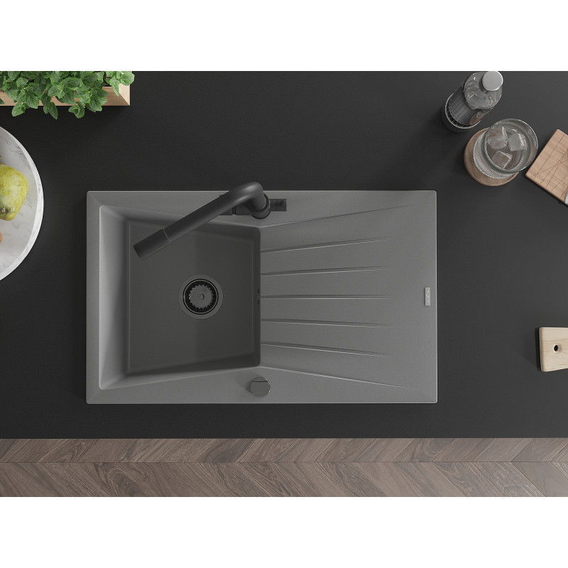 Mexen Cesar chiuvetă din granit cu 1 cameră cu scurgător și baterie de bucătărie Duero, gri - 6514-71-671600-70-B
