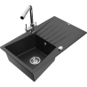 Mexen Cesar chiuvetă din granit cu 1 cuvă cu picurător și baterie de bucătărie Duero, negru/argintiu metalic