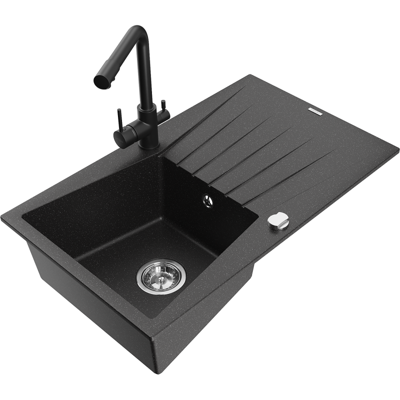 Mexen Cesar chiuvetă pentru bucătărie din granit cu 1 cuvă, cu scurgător și baterie Duero, negru/argintiu metalizat