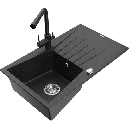 Mexen Cesar egymedencés gránit mosogató csepegtetővel és Duero konyhai csapteleppel, fekete/ezüst metál - 6514-73-671600-70