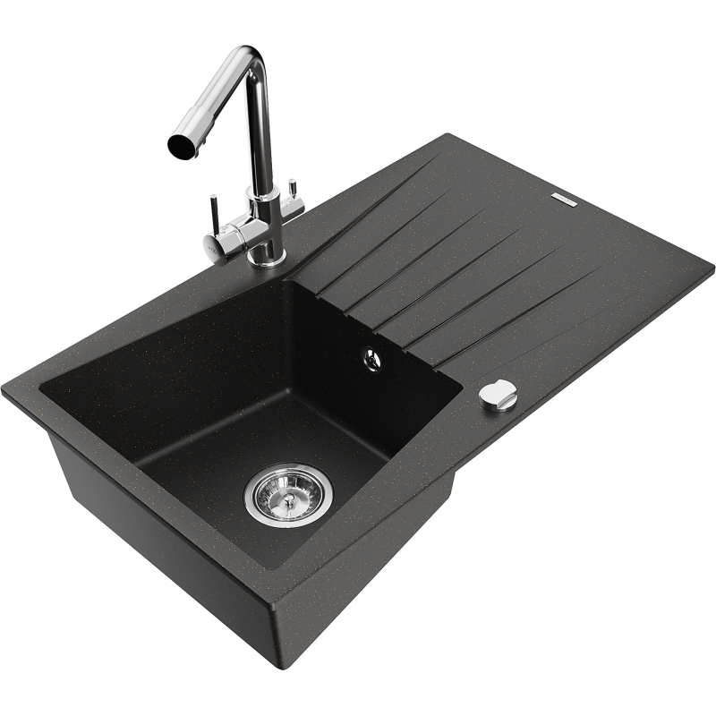 Chiuvetă de granit Mexen Cesar 1-cameră cu picurător și baterie de bucătărie Duero, negru/auriu metalic - 6514-75-671600-00