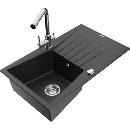 Chiuvetă de granit Mexen Cesar 1-cameră cu picurător și baterie de bucătărie Duero, negru/auriu metalic - 6514-75-671600-00