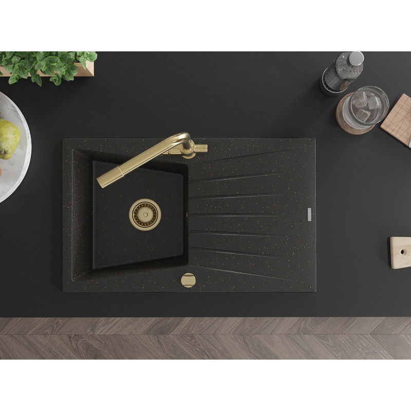 Mexen Cesar 1-medencés gránit mosogató csepegtetővel és Duero konyhai csapteleppel, fekete/arany metál - 6514-75-671600-50