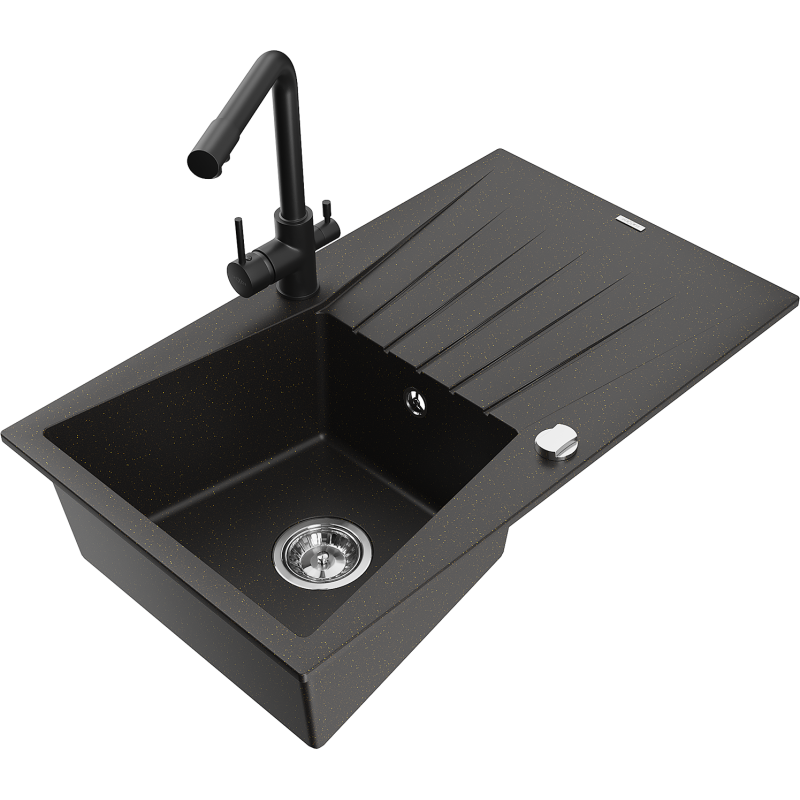 Mexen Cesar chiuvetă de granit cu 1 compartiment, cu scurgător și baterie de bucătărie Duero, negru/auriu metalizat
