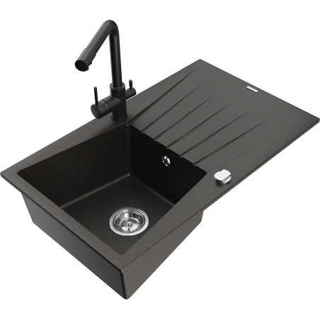Mexen Cesar chiuvetă de granit cu 1 compartiment, cu scurgător și baterie de bucătărie Duero, negru/auriu metalizat