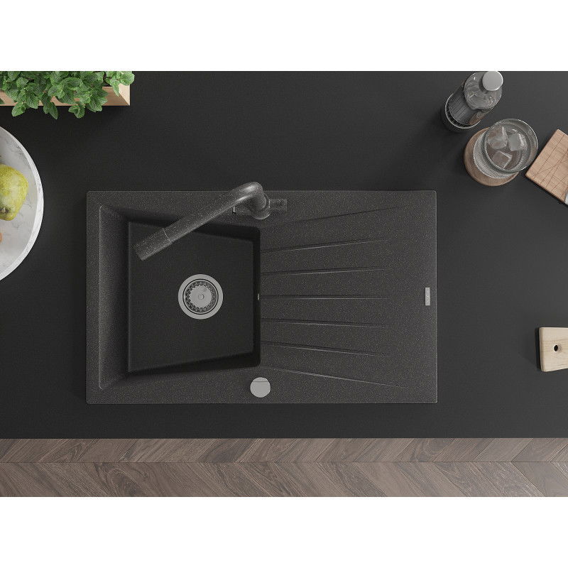 Mexen Cesar chiuvetă din granit cu 1 cuvă cu scurgător și baterie de bucătărie Duero, negru pătat - 6514-76-671600-76