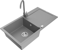 Mexen Leo chiuvetă de granit cu 1 compartiment cu scurgător și baterie de bucătărie Telma, gri - 6501-71-670200-71