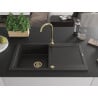 Mexen Leo chiuvetă din granit cu o cuvă și scurgător și baterie de bucătărie Telma, negru/auriu metalizat - 6501-75-670200-50