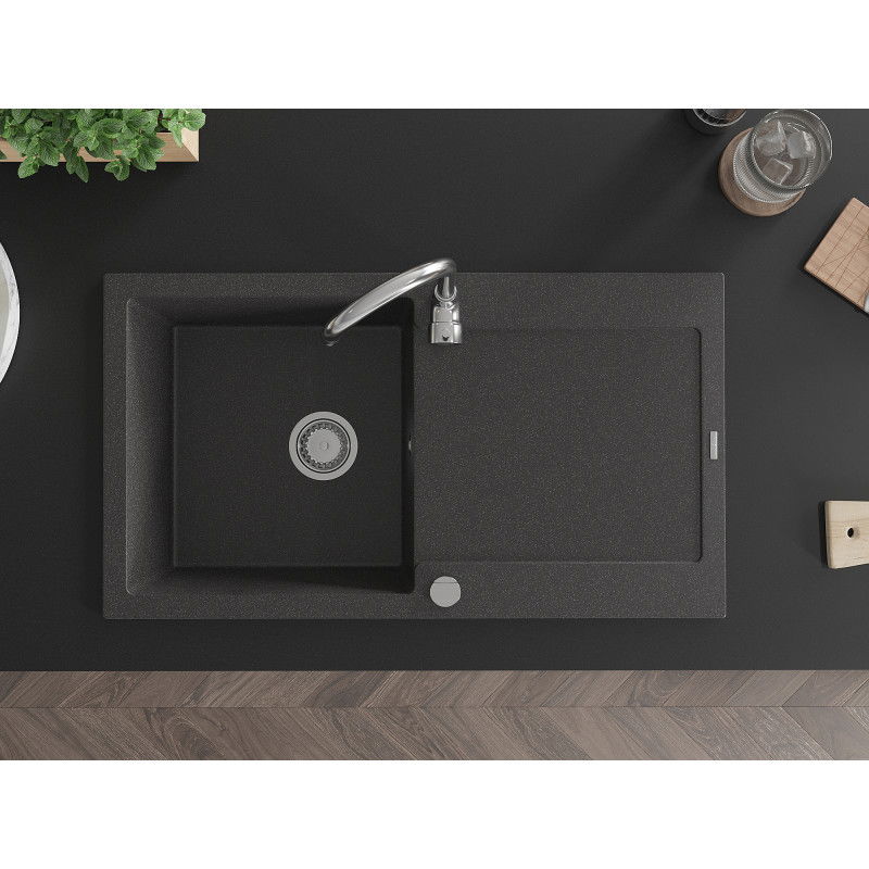Mexen Leo chiuvetă de granit cu 1 compartiment cu picurător și baterie de bucătărie Telma, negru pătat - 6501-76-670200-00