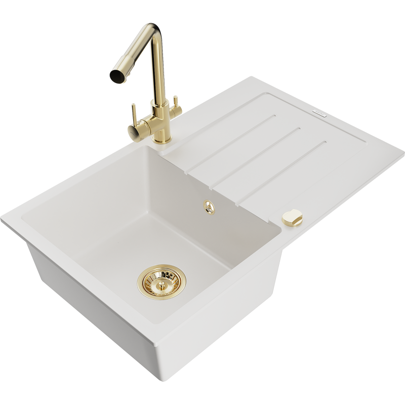 Mexen Bruno gránit mosogató 1-medencés csöpögtetővel és Duero konyhai csapteleppel, fehér - 6513-20-671600-50