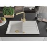 Mexen Bruno chiuvetă de granit cu un compartiment, cu picurător și baterie de bucătărie Duero, Albă - 6513-20-671600-50