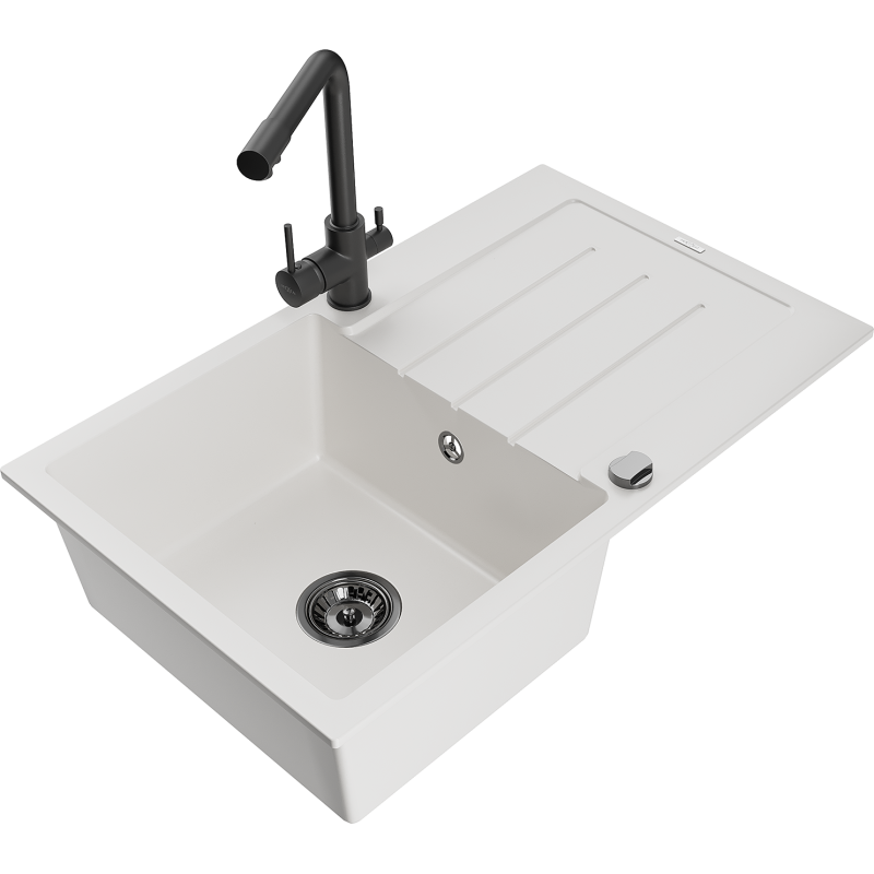 Mexen Bruno chiuvetă de bucătărie din granit cu 1 cuvă, cu scurgător și baterie Duero, alb - 6513-20-671600-70
