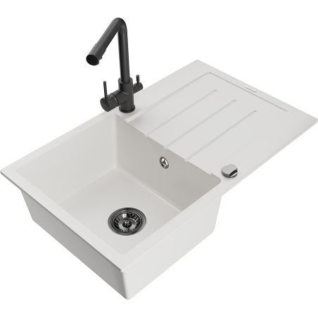 Mexen Bruno chiuvetă de bucătărie din granit cu 1 cuvă, cu scurgător și baterie Duero, alb - 6513-20-671600-70