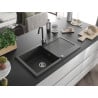 Chiuvetă Mexen Leo din granit cu 1 compartiment, cu scurgător și baterie de bucătărie Telma, negru cu pete - 6501-76-670200-76