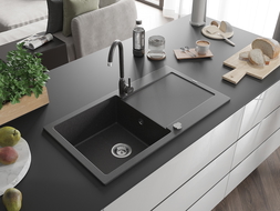 Chiuvetă Mexen Leo din granit cu 1 compartiment, cu scurgător și baterie de bucătărie Telma, negru cu pete - 6501-76-670200-76
