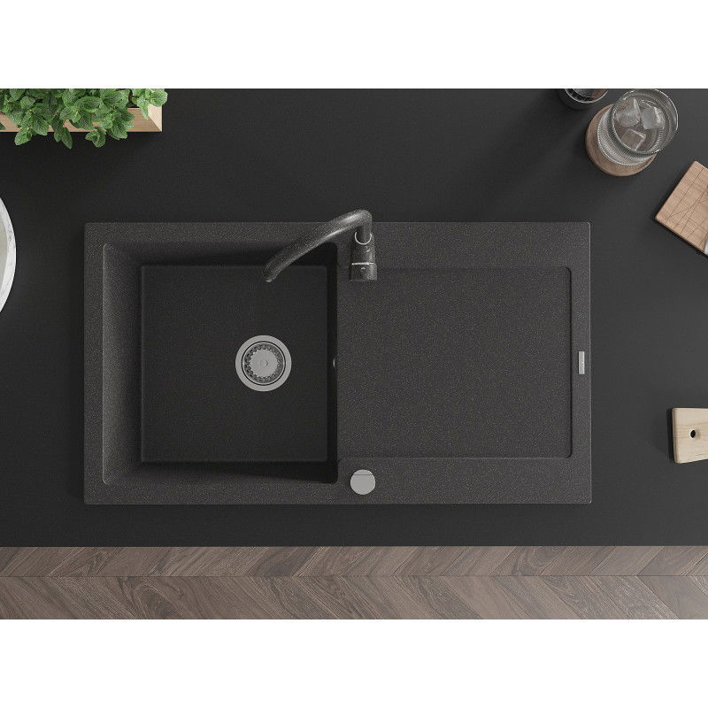 Mexen Leo gránit mosogató 1-medencés csepegtetővel és Telma konyhai csapteleppel, fekete pöttyös - 6501-76-670200-76