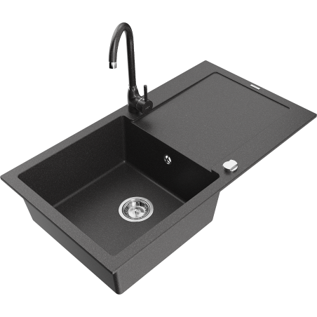 Chiuvetă Mexen Leo din granit cu 1 compartiment, cu scurgător și baterie de bucătărie Telma, negru cu pete - 6501-76-670200-76